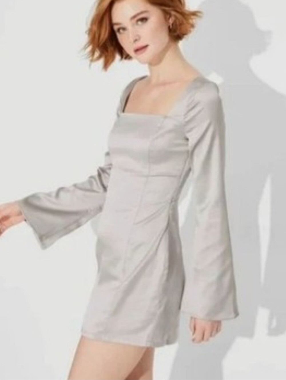 wild fable Square-Neck Long-Sleeve Mini Dress in Light Gray